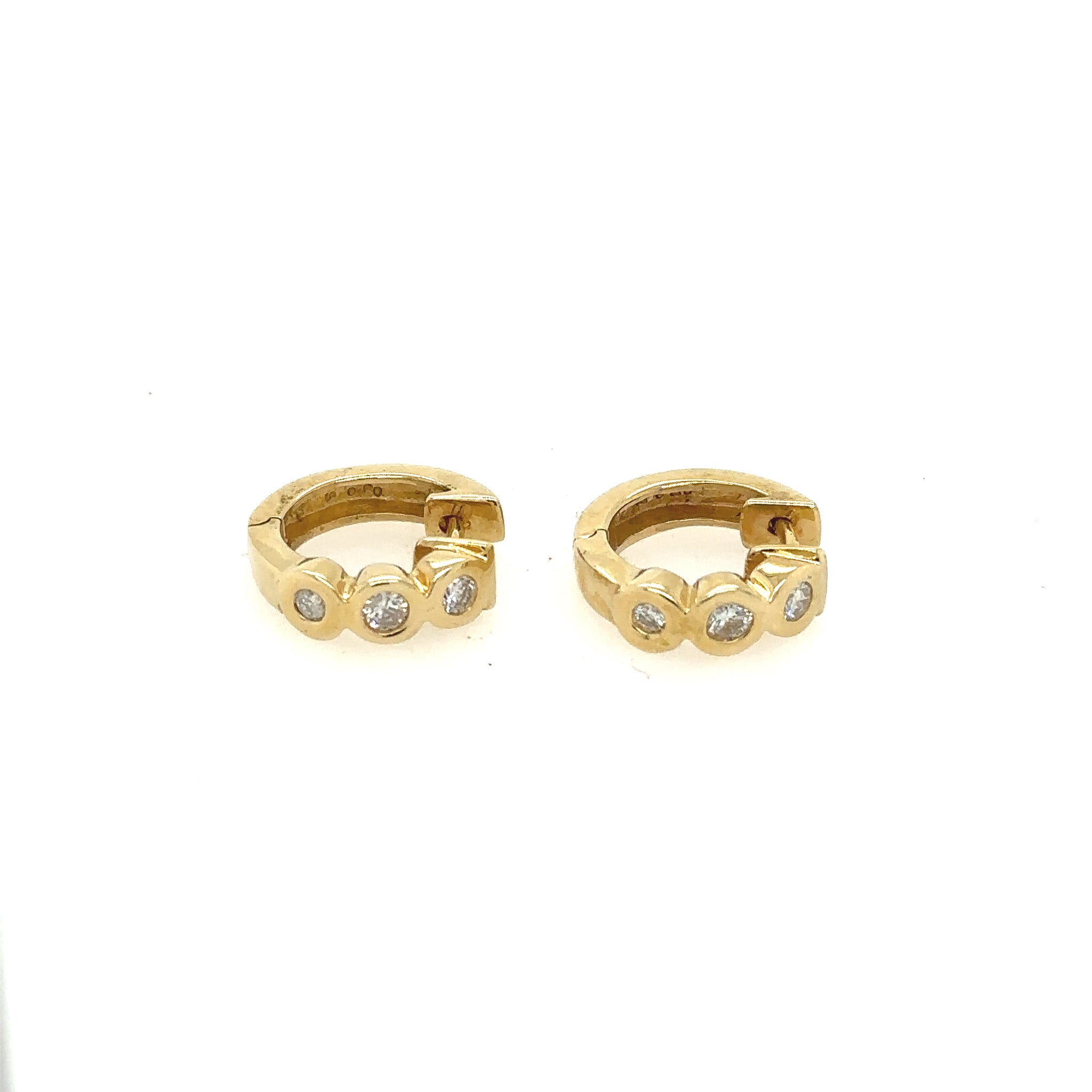 14K Yellow Gold Three Diamond Small Chunky Hoop Huggies Earrings