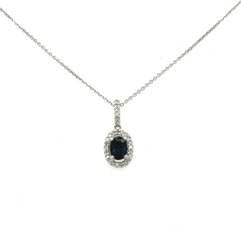 14K White Gold Dainty Blue Sapphire and Halo Diamond Necklace 18"