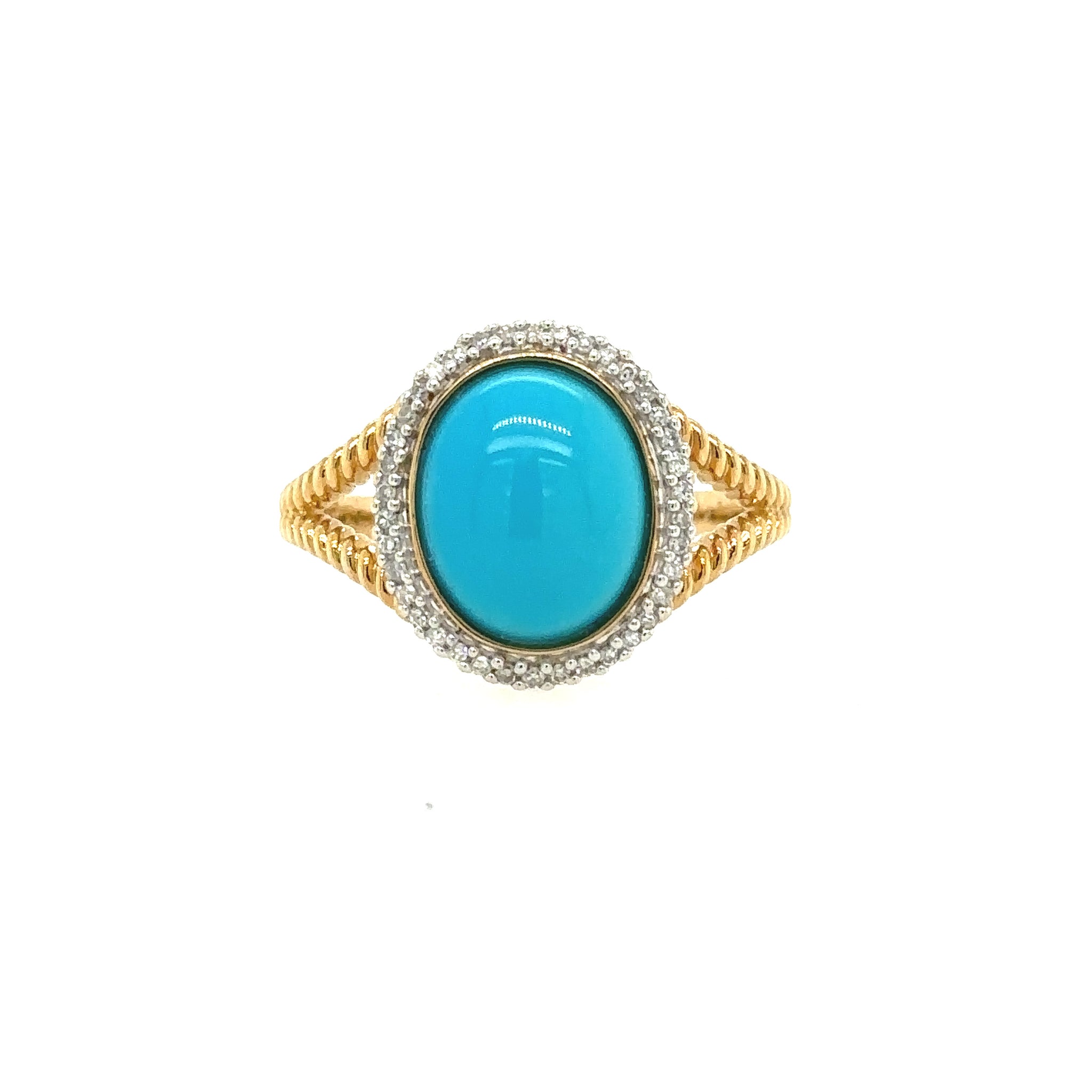 14K Solid Yellow Gold Oval Cabochon Turquoise and Diamond Cocktail Ring Size 9 1/4 US