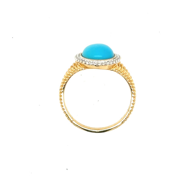 14K Solid Yellow Gold Oval Cabochon Turquoise and Diamond Cocktail Ring Size 9 1/4 US