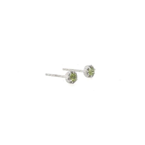 14K White Gold Green Peridot and Diamond Stud Earrings