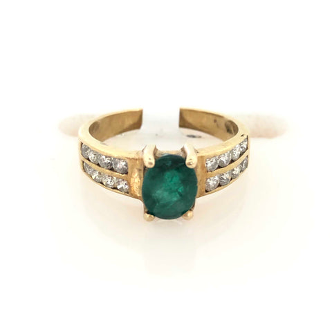 14K Yellow Gold Emerald and Two Row Diamond Ring Size 7 1/2 US