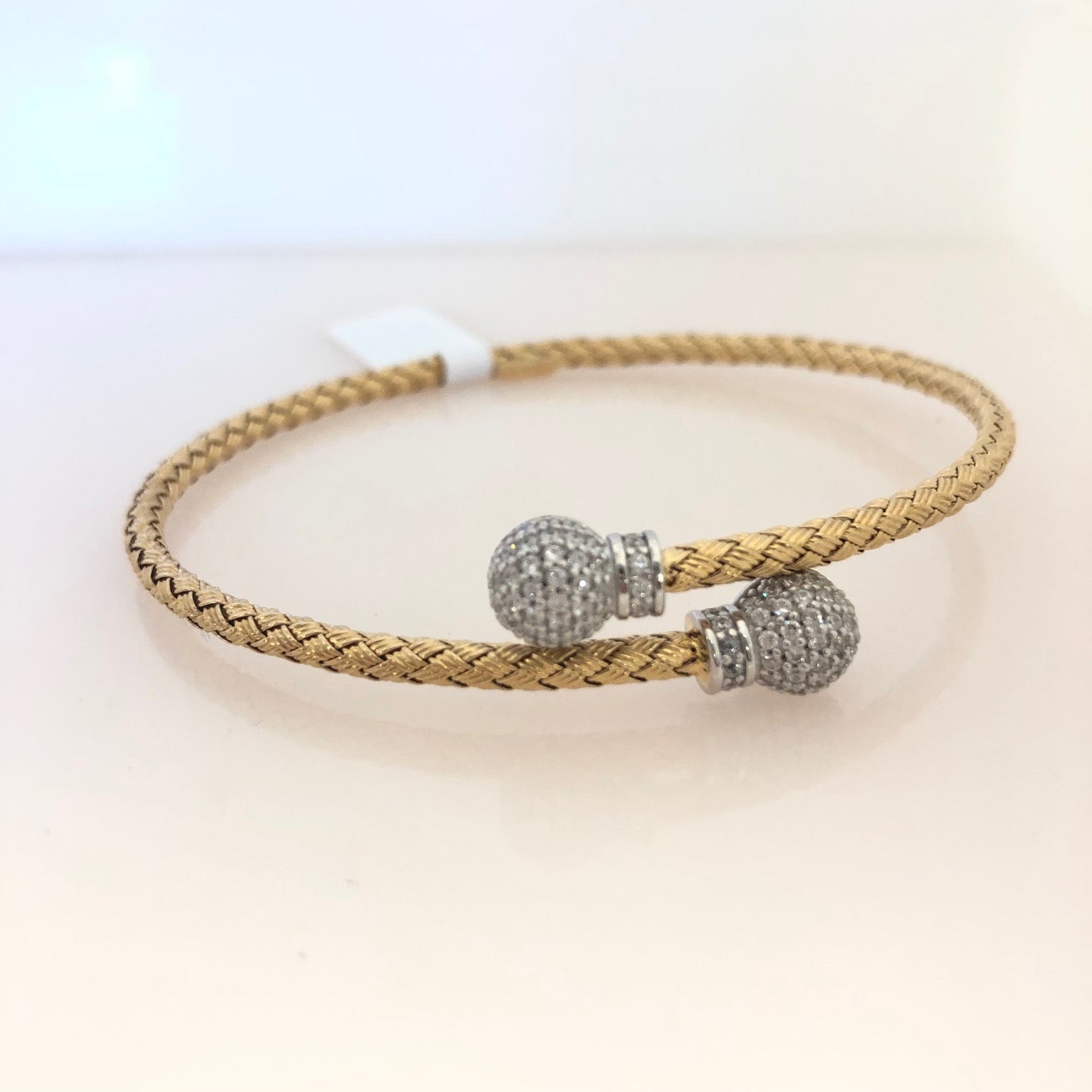 Sterling Silver Weaving Style Oval Bangle With CZ Balls And Gold Plate