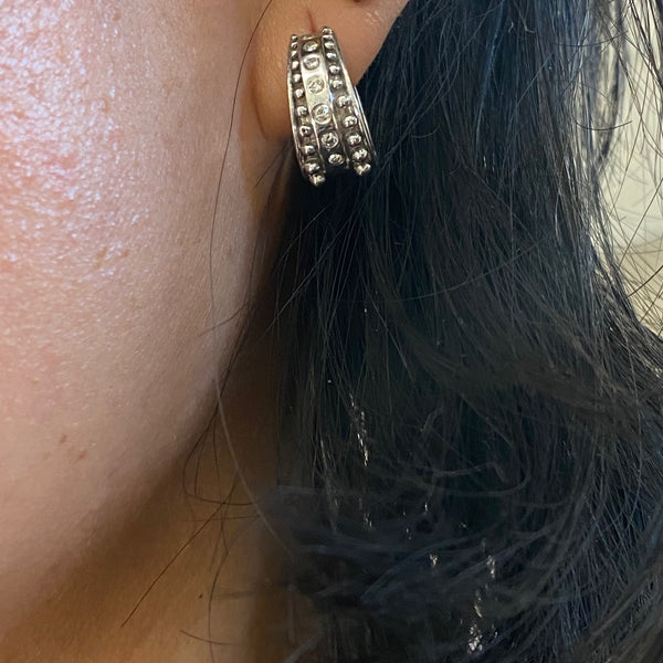 14K White Gold Fancy Beaded Diamond Huggie Hoop Earrings